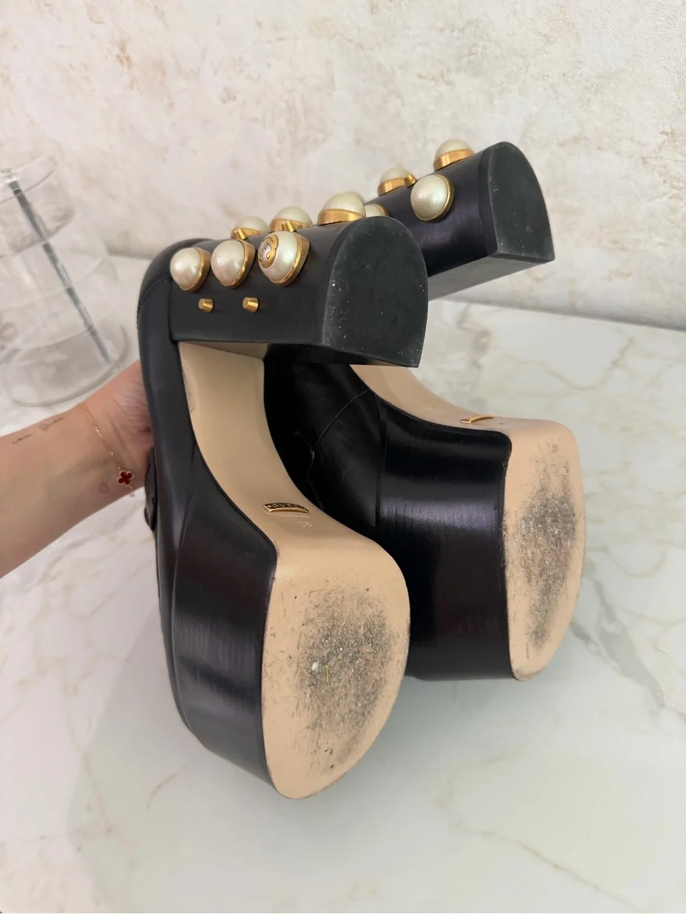 Gucci Black Leather Platform Loafers with Gold Hardware and Pearl Heel Size 38